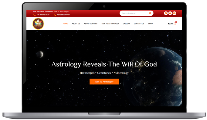 Astrology With Swamiji homepage with WooCommerce integration - custom WordPress design with spiritual services and easy navigation
