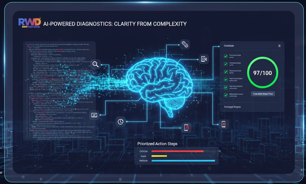 Artificial intelligence (AI) rapidly analyzing complex website code and metrics to diagnose technical SEO and Core Web Vitals issues instantly.