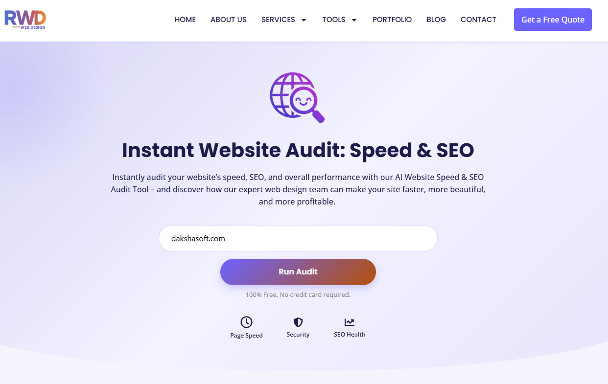 Free WordPress audit tool interface for checking website errors, speed, and SEO performance