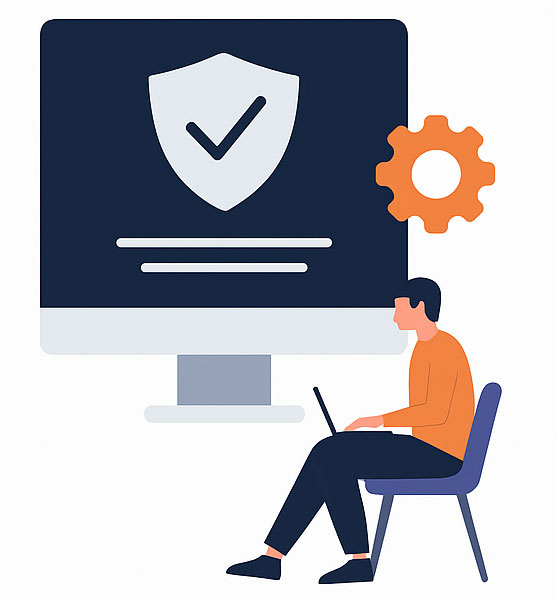 Flat-style illustration showing a professional performing website maintenance tasks, symbolizing protection, speed optimization, and security updates for WordPress and eCommerce sites.