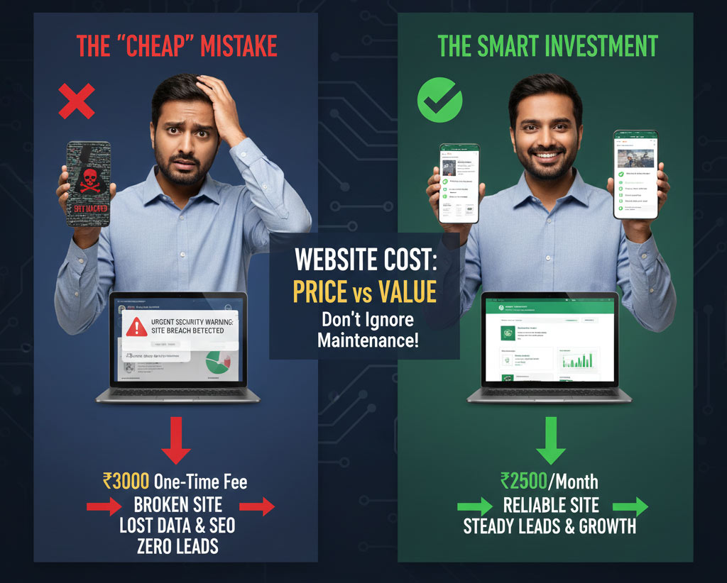 Cheap website design in Patna compared with smart website investment showing real cost difference
