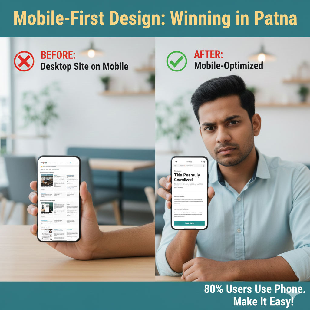 Mobile-first website design in Patna showing before and after mobile optimization
