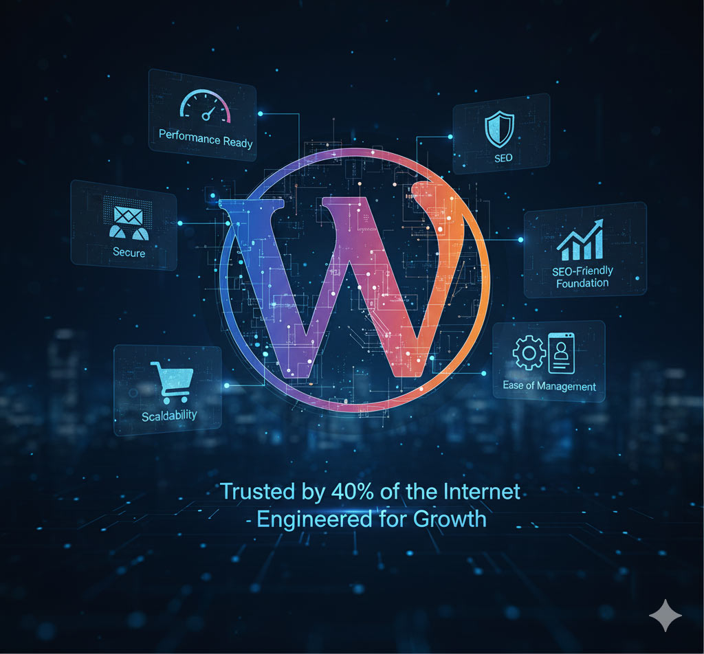 Infographic showing why WordPress leads in flexibility and speed, featuring a glowing WordPress logo surrounded by icons for SEO, security, and scalability.
