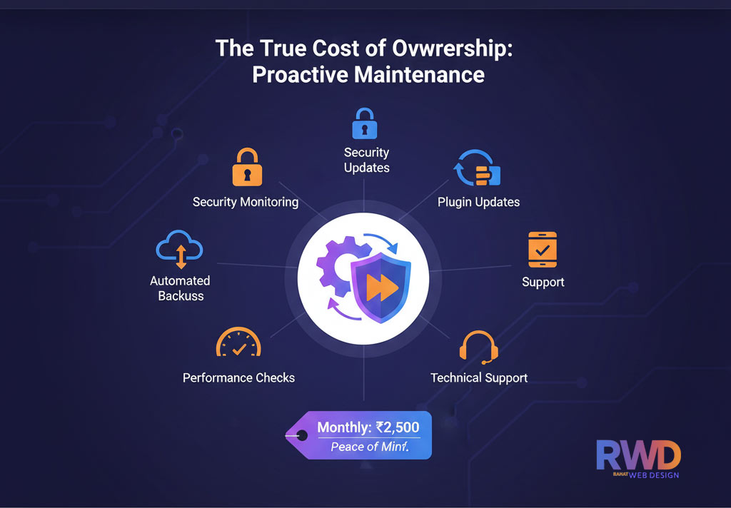 Illustration showing a website being actively secured and maintained by a technical team, representing the necessary ongoing cost of website maintenance, security, and technical support.