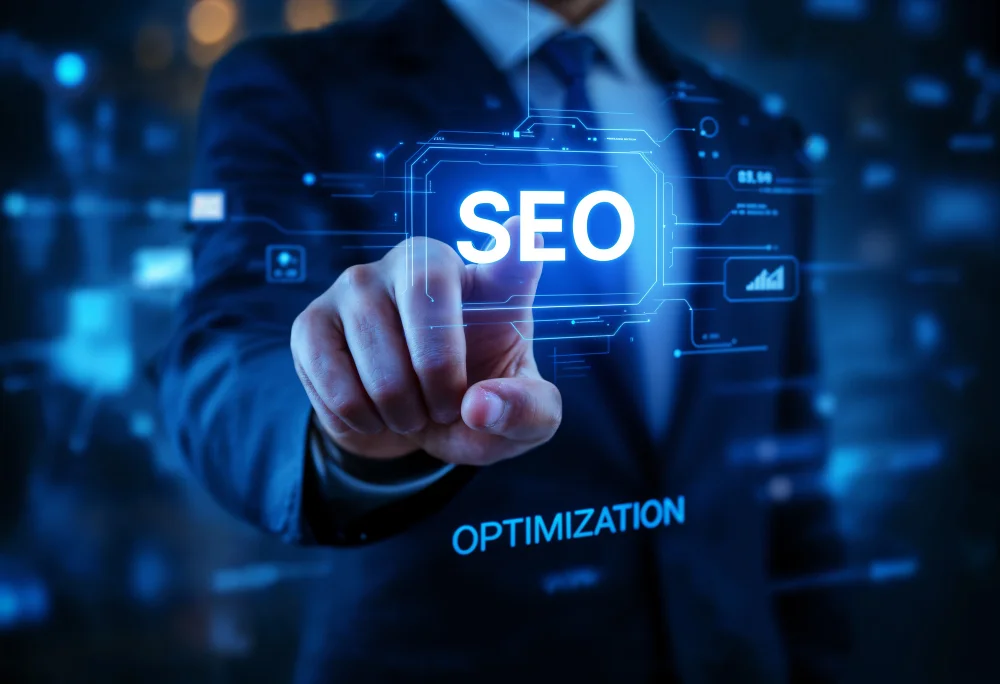 Illustration representing technical SEO optimization levels, showing a magnifying glass over website ranking elements like sitemaps and structured data, detailing the cost difference between Basic and Advanced SEO.