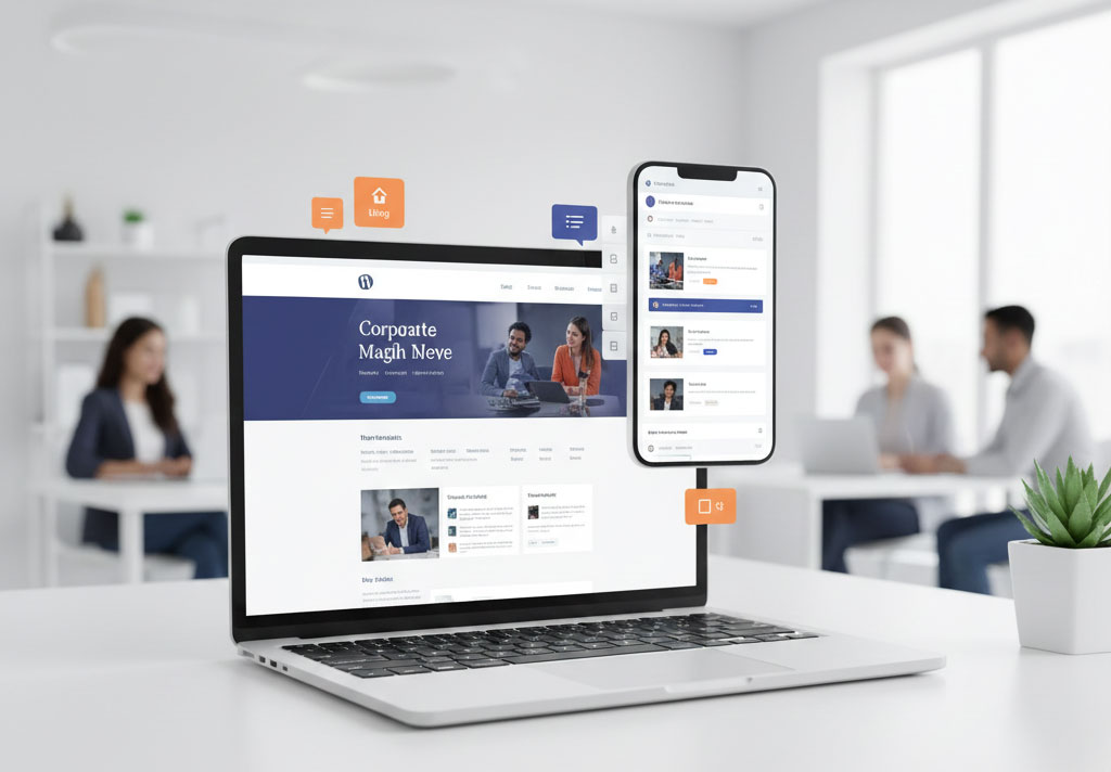 A modern dynamic WordPress business website mockup showing mobile responsiveness, speed optimization, and SEO features for Indian SMEs - Rahat Web Design.