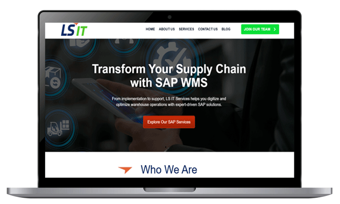 Corporate website design by RWD for LS IT Services showcasing SAP Warehouse Management consulting solutions and service features