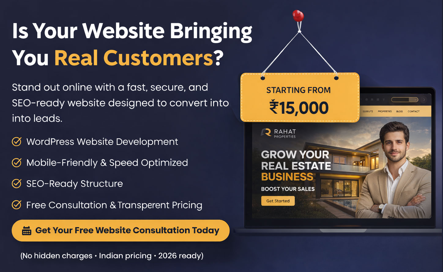 Website development CTA banner by Rahat Web Design offering WordPress, SEO-ready, and mobile-friendly websites in India
