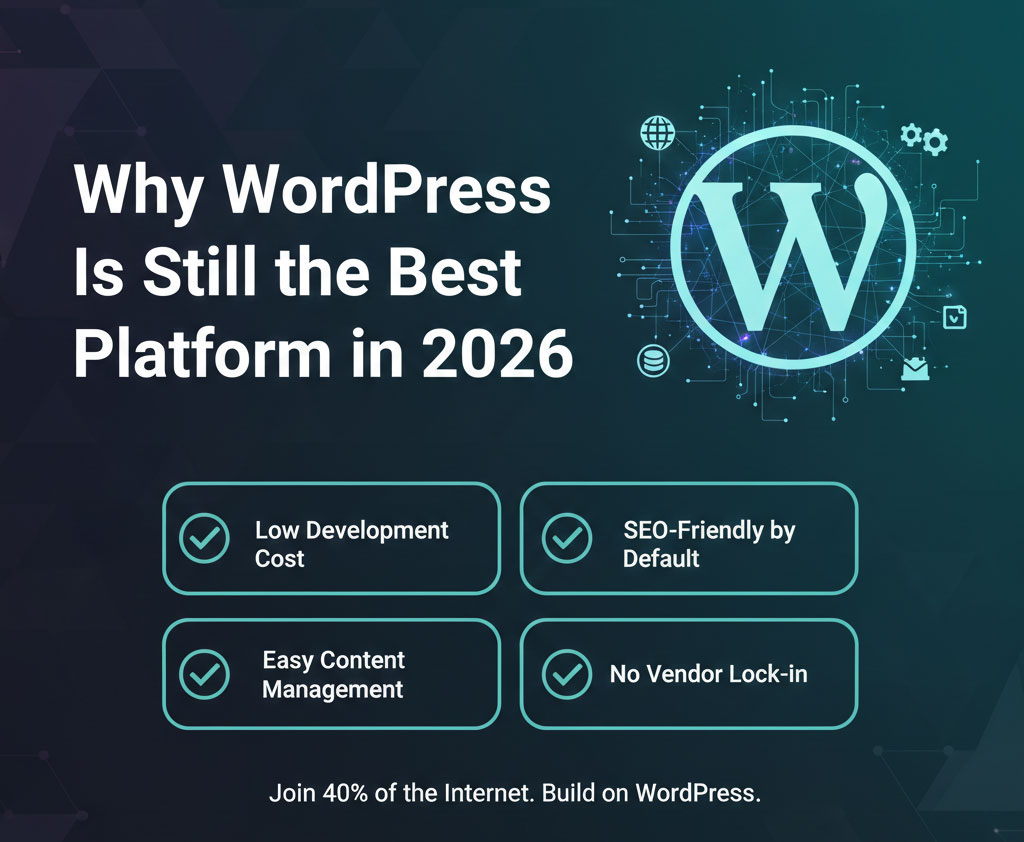 Infographic explaining why WordPress is the best website platform in 2026, featuring benefits like low cost and SEO-friendliness by Rahat Web Design.
