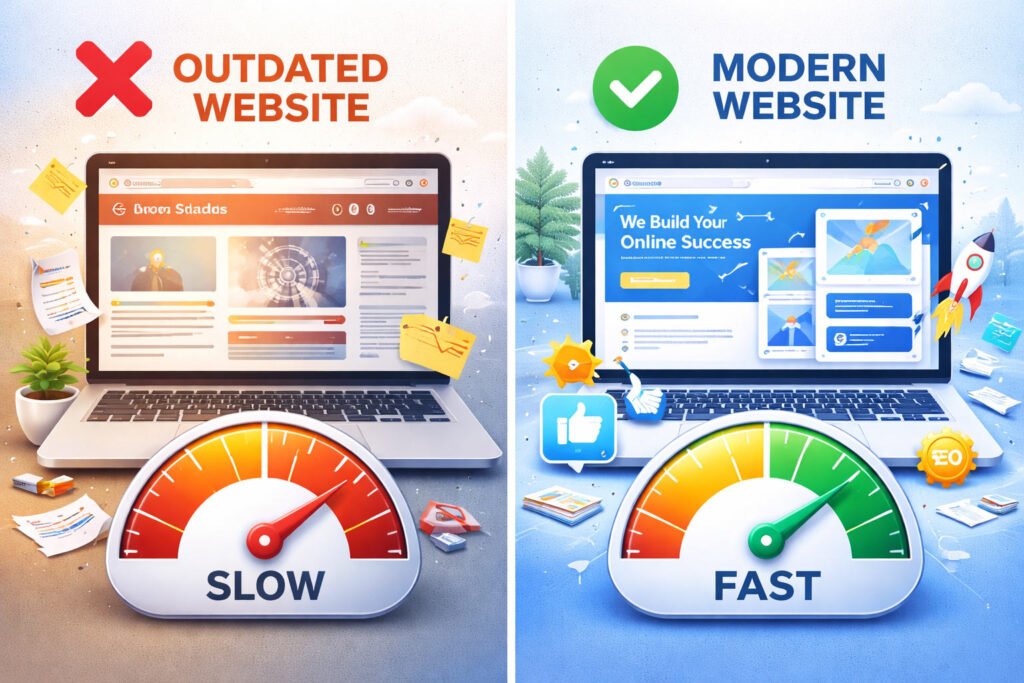 Website design company in India comparison between slow outdated website and fast modern website